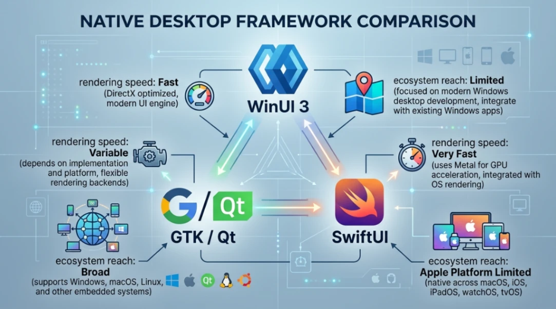 Native desktop framework comparison for Windows macOS Linux