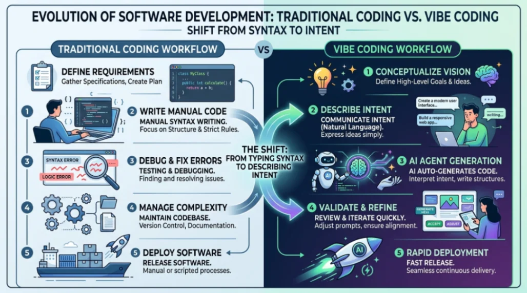 Traditional coding versus vibe coding workflow comparison diagram.