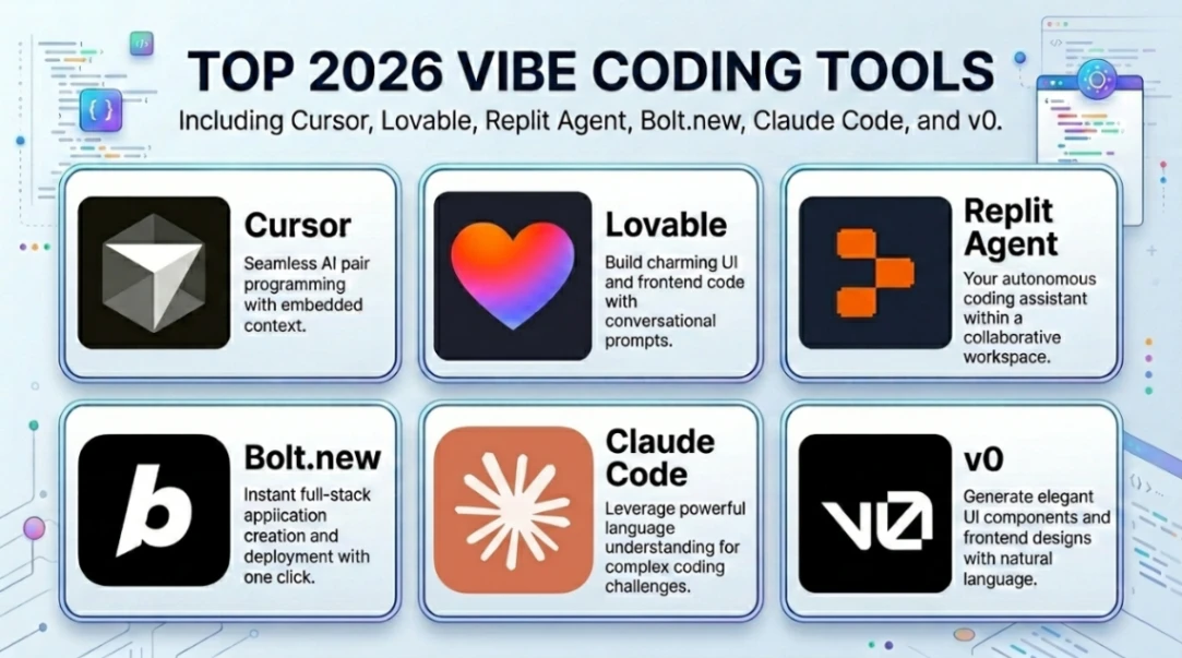 Top 2026 vibe coding tools including Cursor, Lovable, Replit Agent, Bolt.new, Claude Code, and v0.