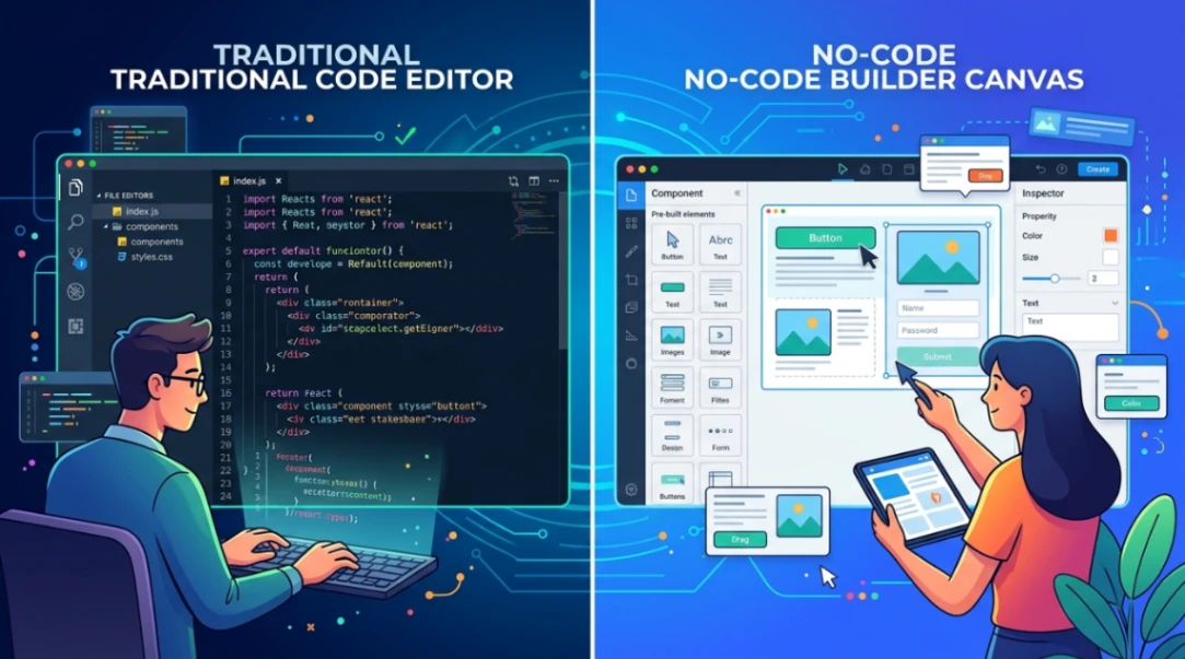 Traditional coding versus no code builder interface comparison illustration.