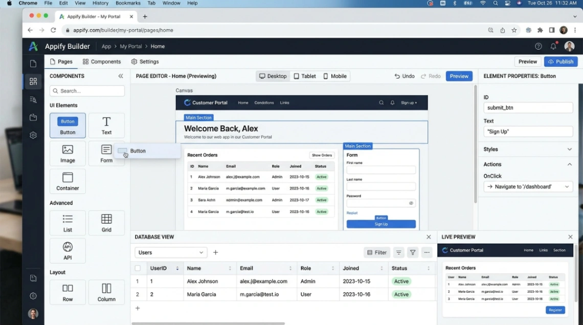No code builder workspace with visual components and database