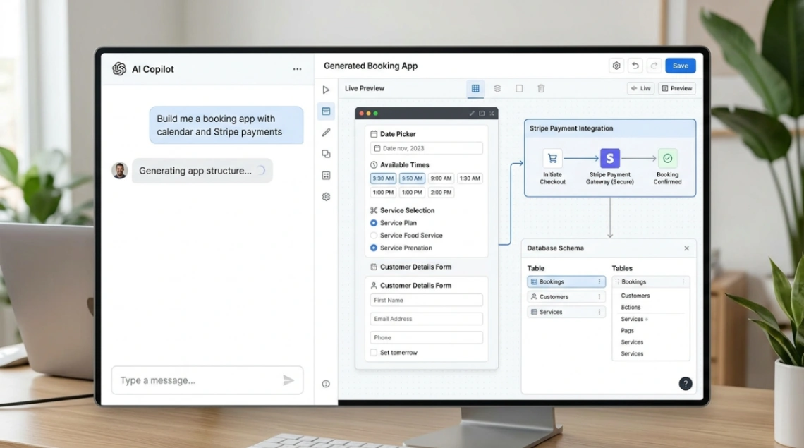 AI prompt generating a no-code app with visual components and payment integration