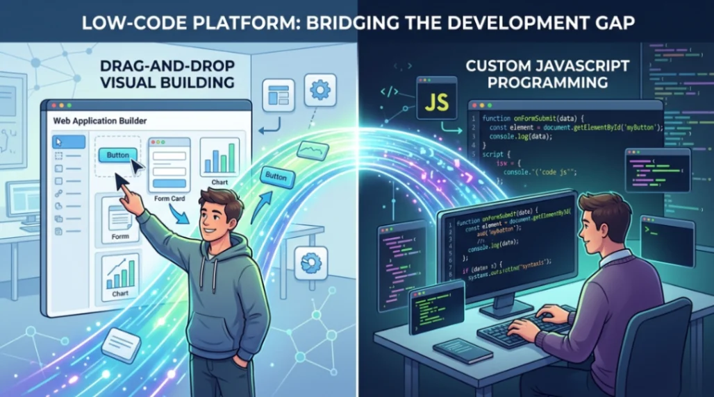 Visual representation of low code as a bridge between drag-and-drop building and custom programming.