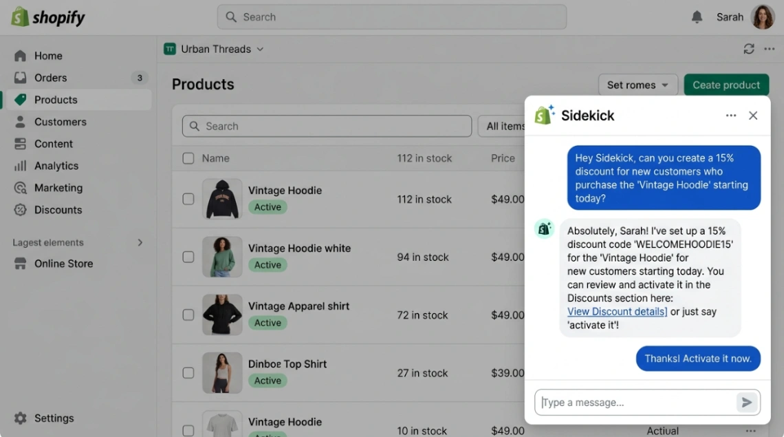 Shopify Sidekick AI assistant responding to a merchant's plain-language command.