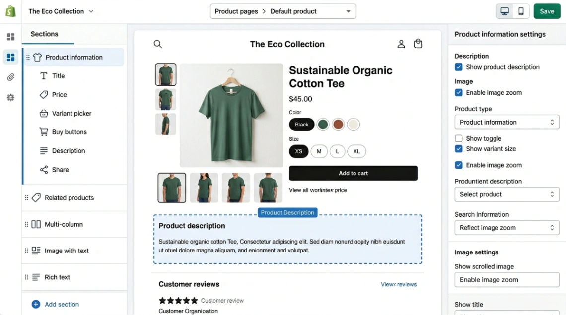 Shopify Online Store 2.0 visual editor with drag-and-drop sections on a product page.