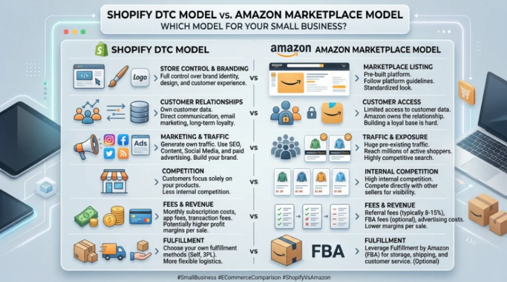 Infographic comparing Shopify DTC model with Amazon marketplace model for small businesses.