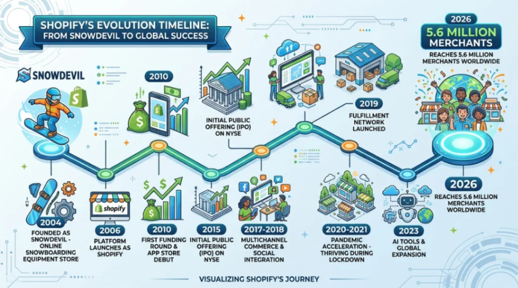 Visual timeline of Shopify milestones from founding to present day.