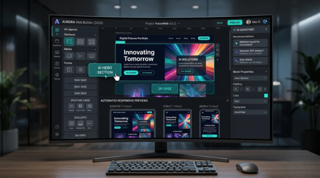 AI-powered drag-and-drop website builder concept for 2026 no-code development.
