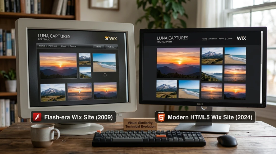 Flash-era Wix website compared to modern HTML5 Wix website builder output.