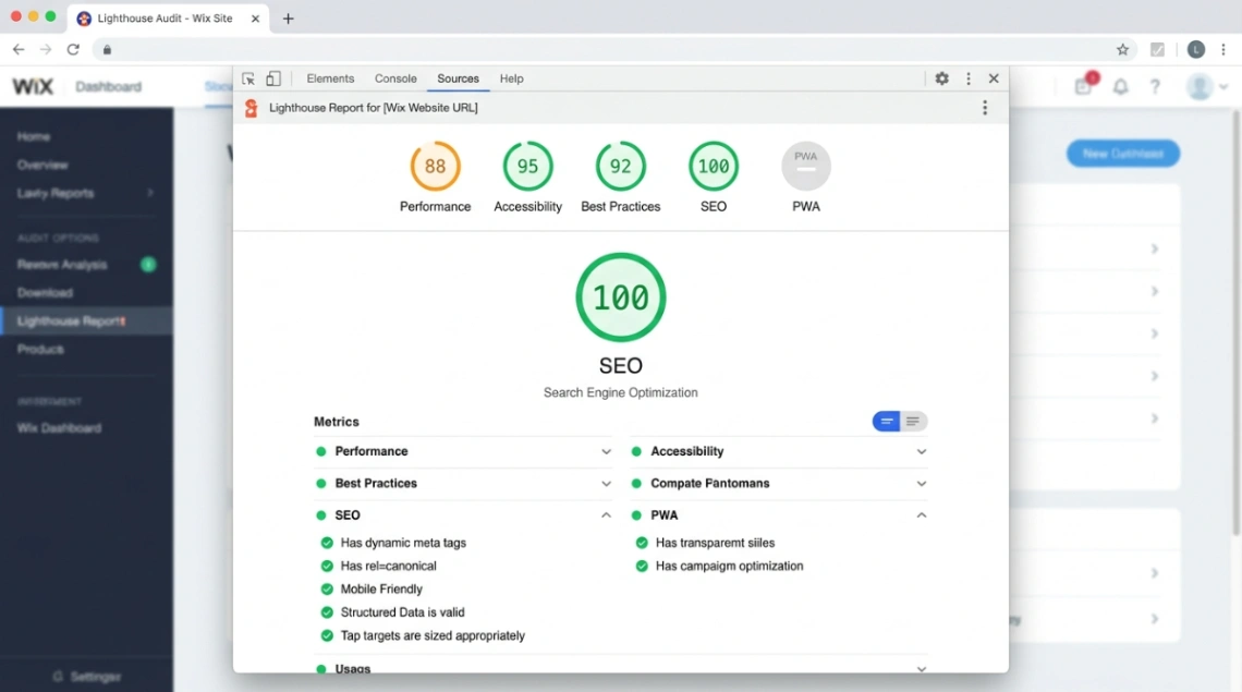 Google Lighthouse SEO score of 100 for a Wix website builder site.