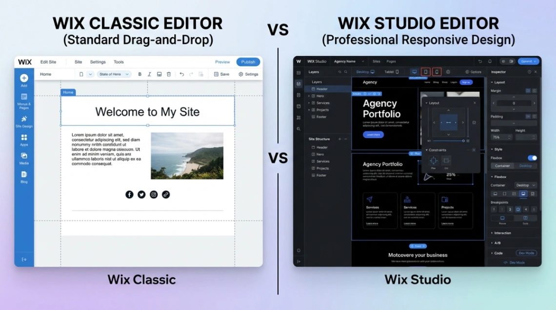 Wix Classic drag-and-drop editor compared to Wix Studio professional responsive editor.