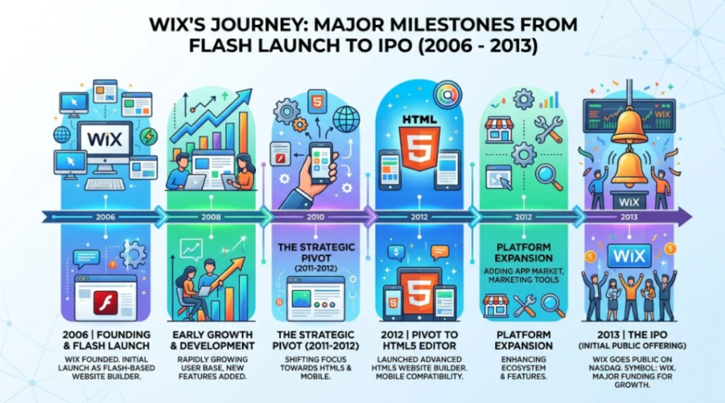 Wix website builder timeline from Flash era 2006 to HTML5 pivot and IPO in 2013.