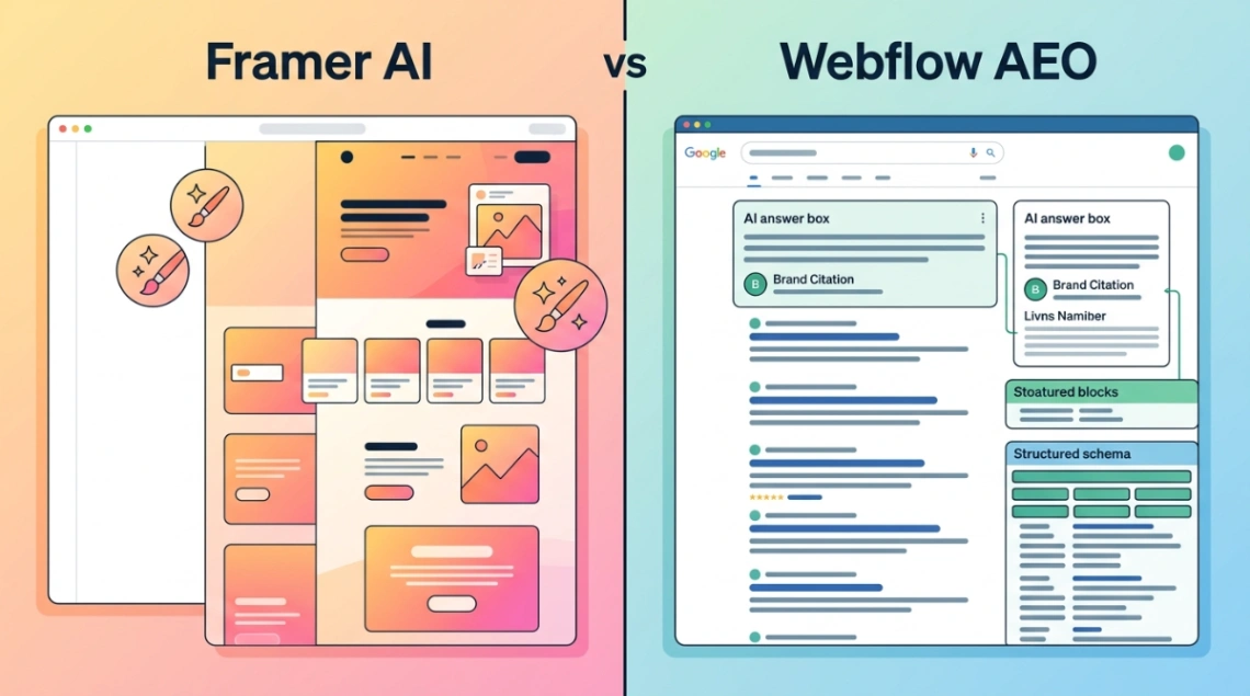Framer AI generative design tools vs Webflow AEO answer engine optimization illustrated comparison