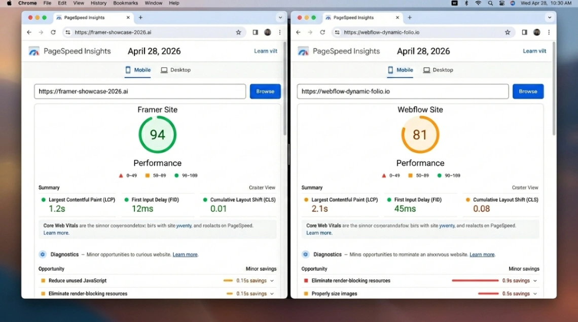 Framer vs Webflow PageSpeed scores 2026