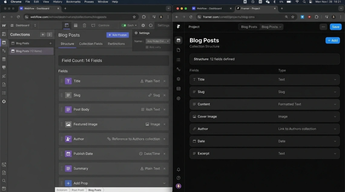 Webflow CMS vs Framer CMS interface comparison 2026