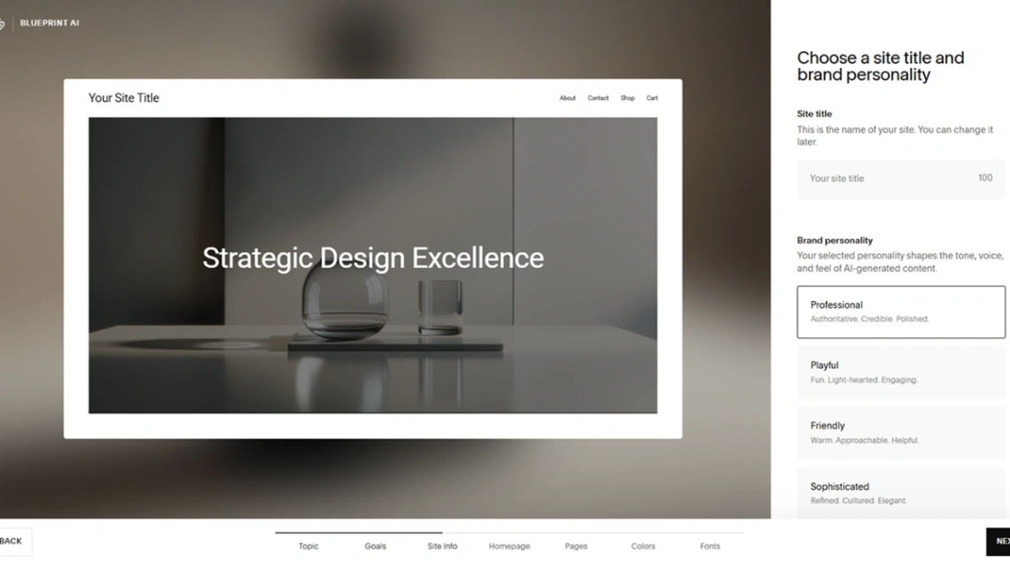Squarespace Blueprint AI brand personality selection step during website onboarding