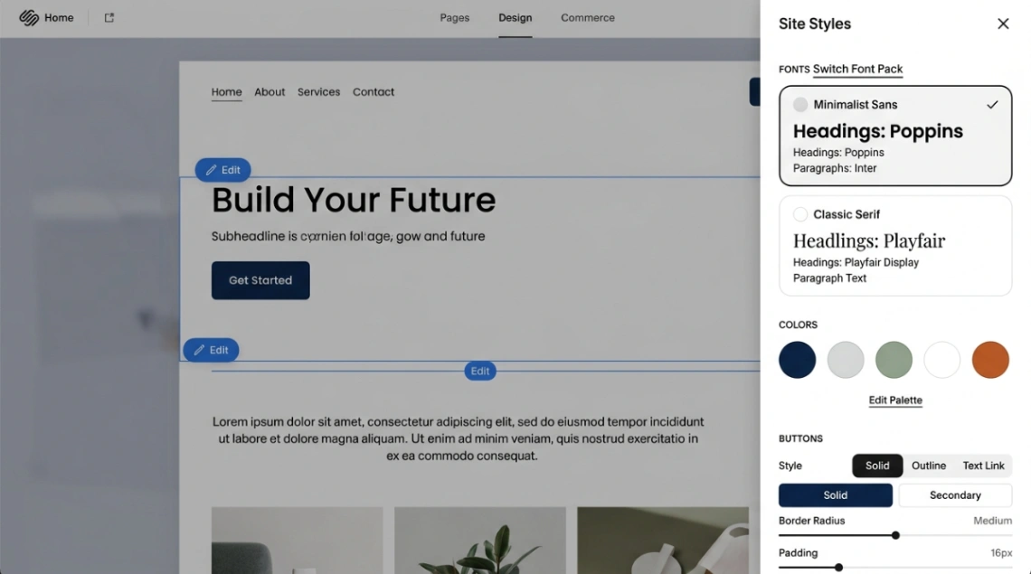 Squarespace Site Styles panel showing font packs, color palette, and button style controls