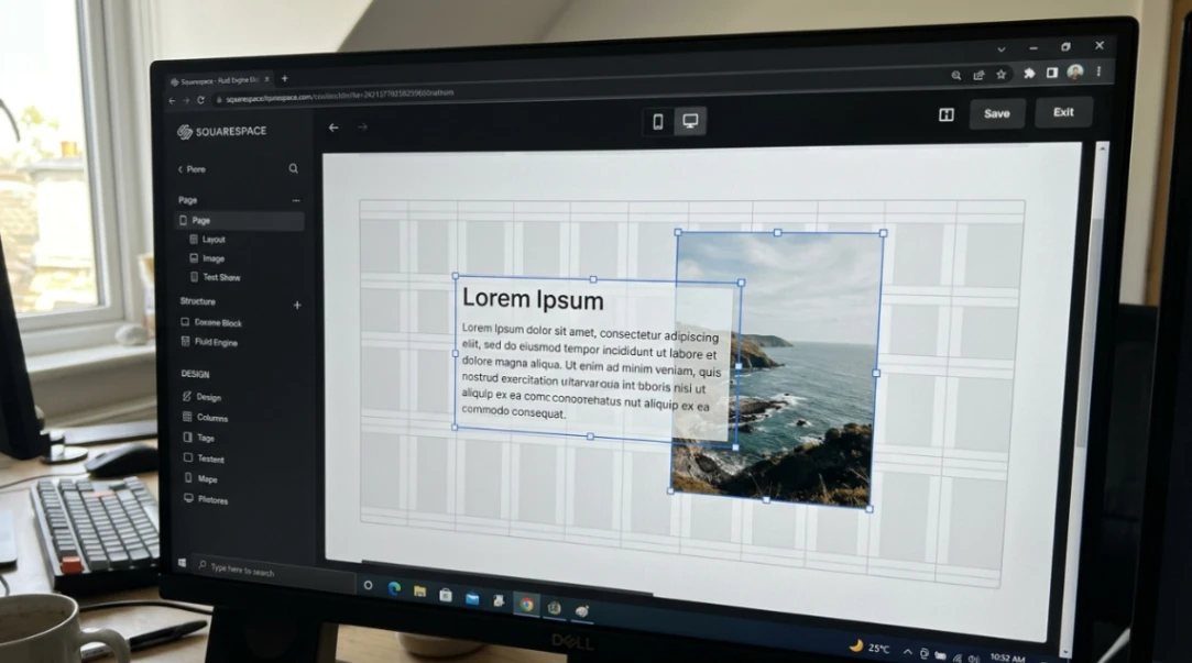 Squarespace Fluid Engine editor showing smart grid overlay with overlapping text and image blocks