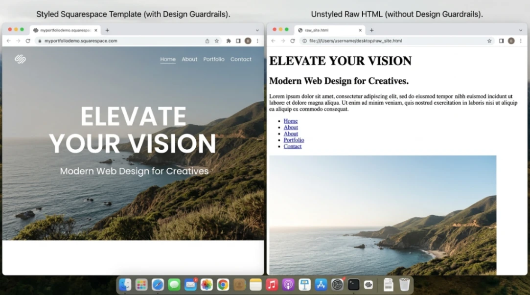 Comparison between a professionally styled Squarespace template and an unstyled default webpage