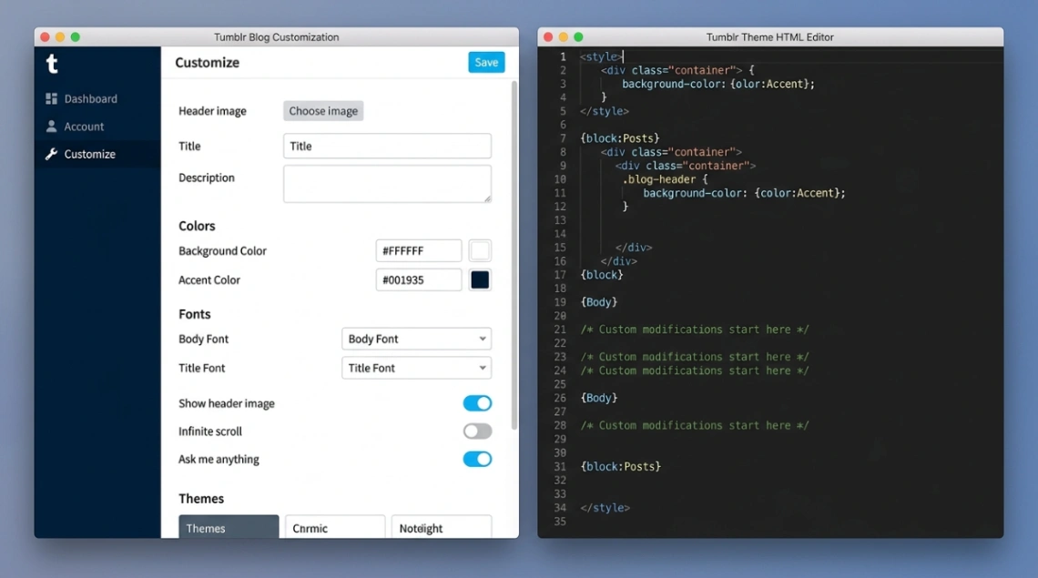 Tumblr customization showing both no-code and code-based editing options