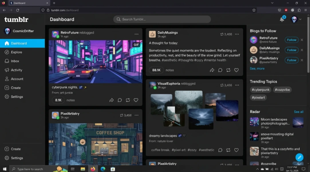 Modern Tumblr dashboard interface with reblogged GIFs and text posts