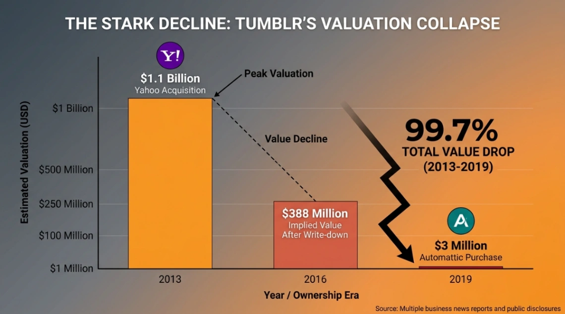 Tumblr valuation chart showing 99.7% drop from $1.1 billion in 2013 to $3 million in 2019