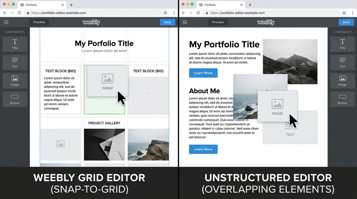 Weebly grid-based editor showing snap-to-place layout for student portfolios.