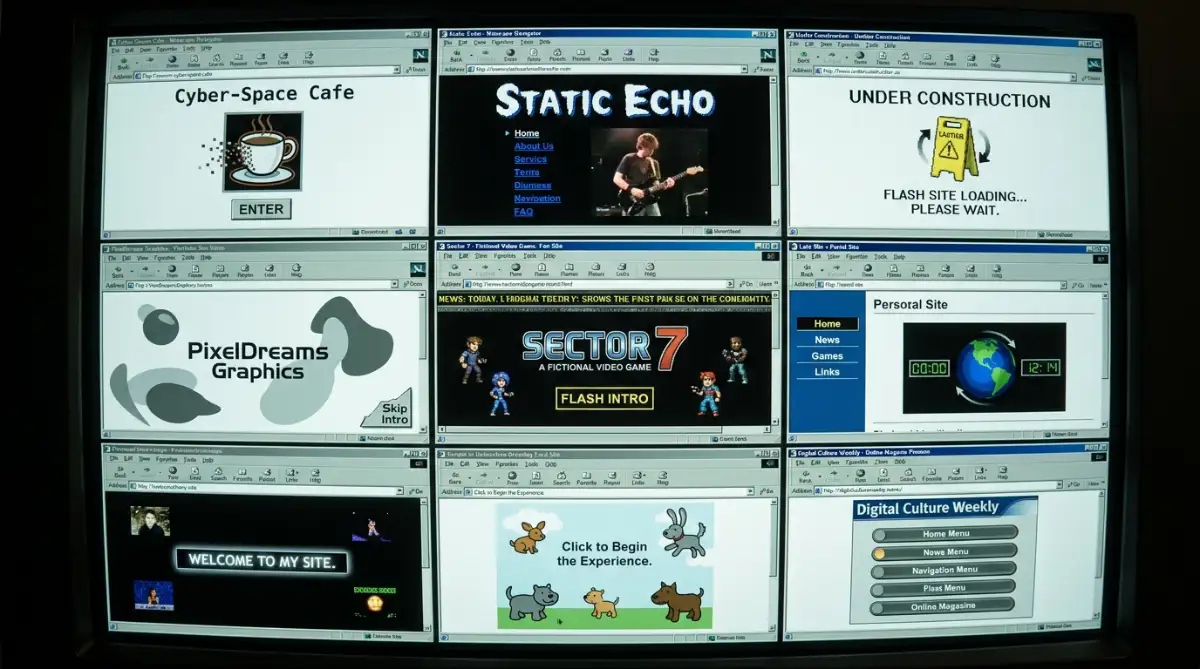 Collage of late 1990s Flash powered websites featuring vector animations and intro pages.