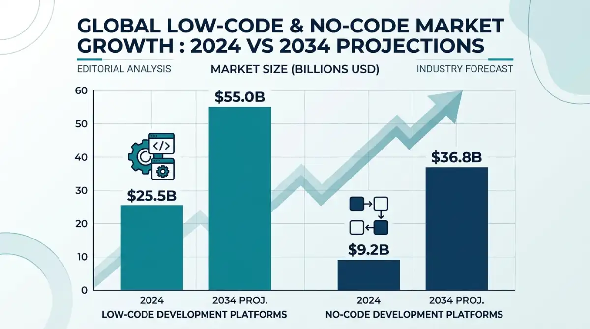 Bar chart showing global LCNC market growth from $34.7 billion in 2024 to $91.8 billion projected by