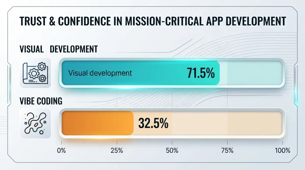 Trust comparison chart showing 71.5% confidence in visual development versus 32.5% in vibe coding fo