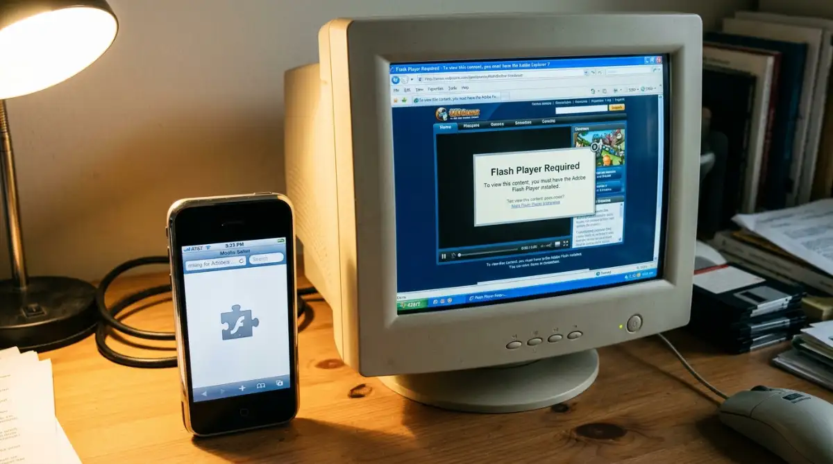 First generation iPhone displaying a webpage with a missing Flash content placeholder.