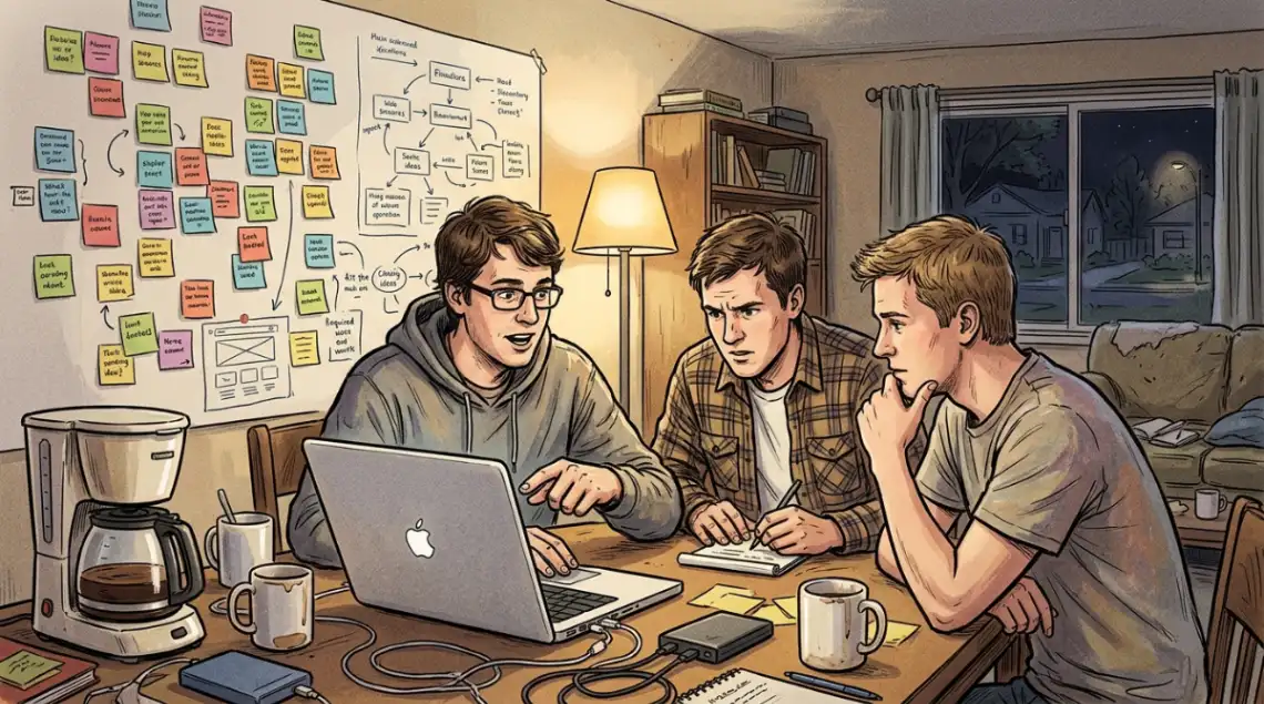 Illustration of Zapier's three founders working late on the original prototype in 2011.