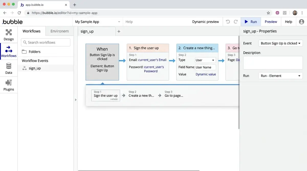 Bubble platform editor displaying its four main panels for visual application development