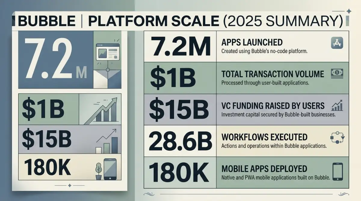 Infographic summarizing Bubble's platform scale at the end of 2025