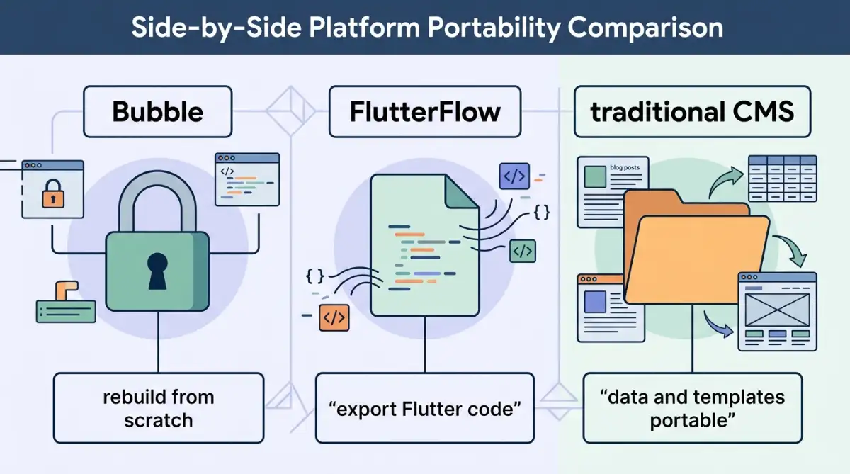 Visual comparison of code portability across Bubble, FlutterFlow, and traditional CMS platforms.