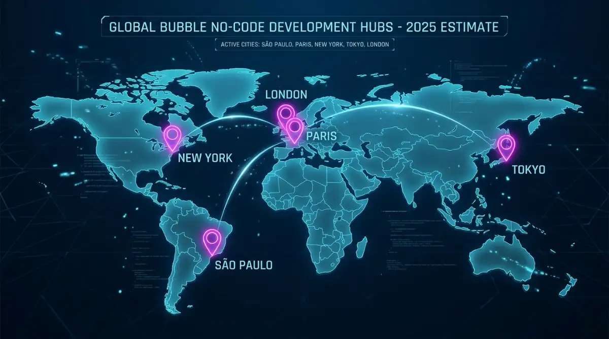World map highlighting the five most active cities for Bubble no-code development in 2025