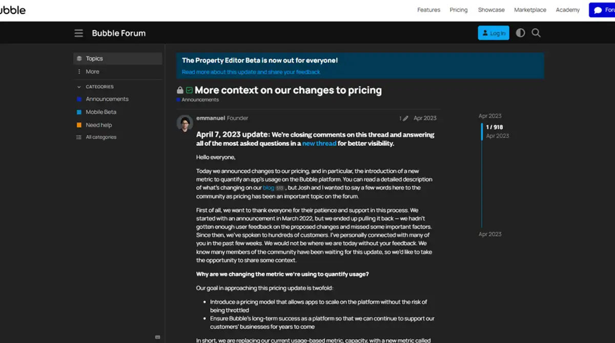 April 2023 Bubble forum backlash to Workload Unit pricing changes screenshot
