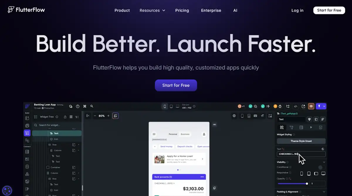 FlutterFlow no code builder home page screenshot 2026