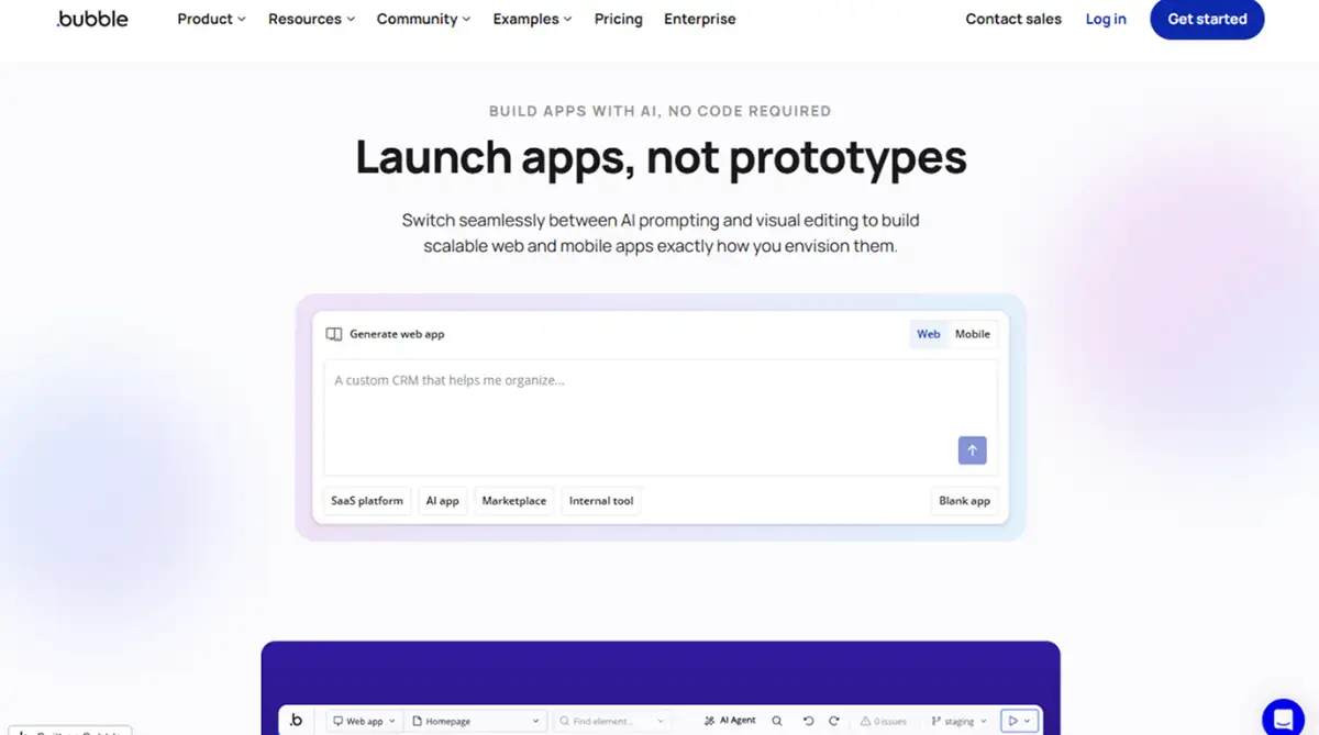 Bubble io website hero section screenshot 2026
