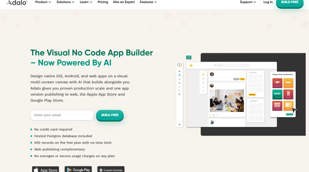 Adalo no code builder homepage screenshot 2026