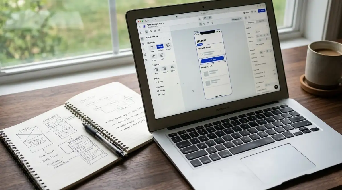 A no-code builder interface open on a laptop next to a notebook