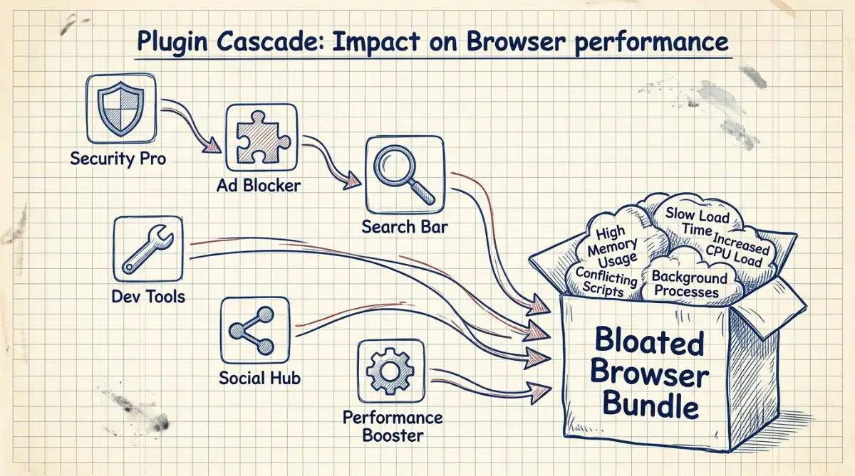plugin cascade diagram showing multiple plugins converging into one bloated browser bundle
