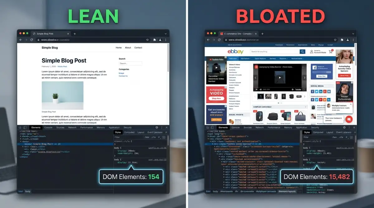 comparison of lean versus bloated website DOM rendering in browser dev tools