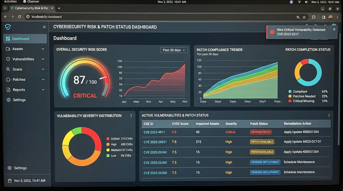 theme vulnerability dashboard showing CVE scores and patch status