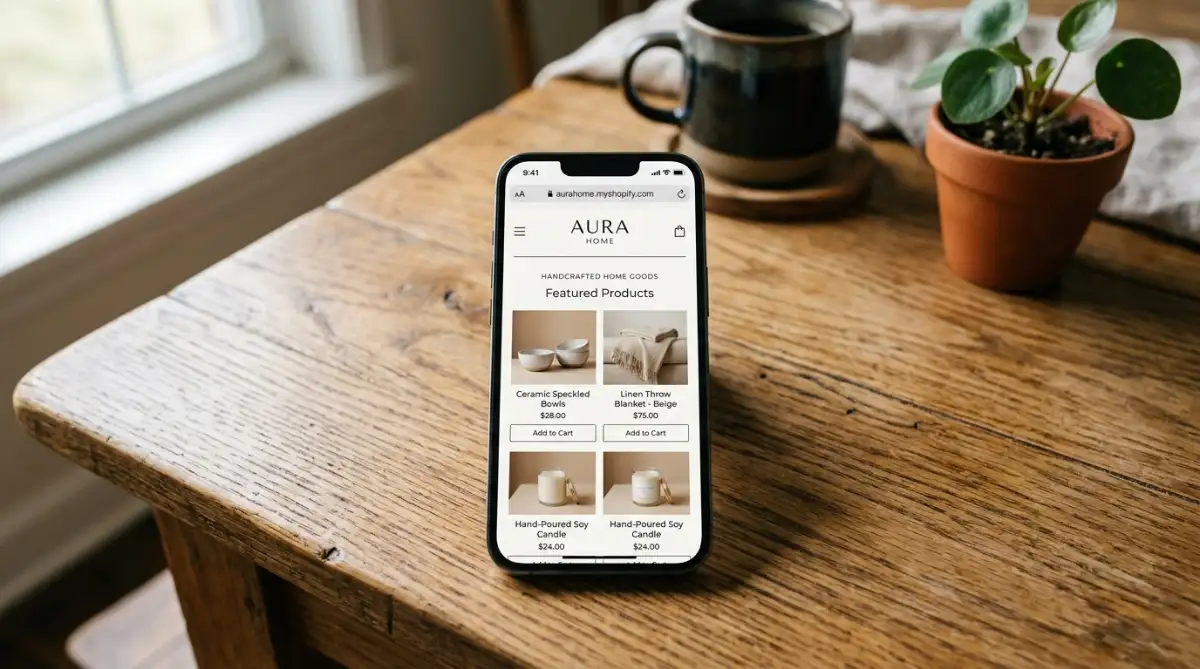 Shopify storefront on mobile phone displaying minimalist template