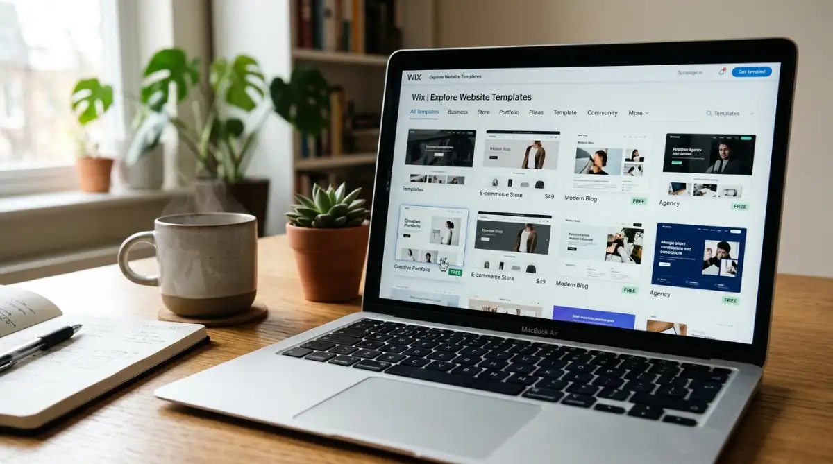 template gallery showing free website themes with cursor hovering on free label