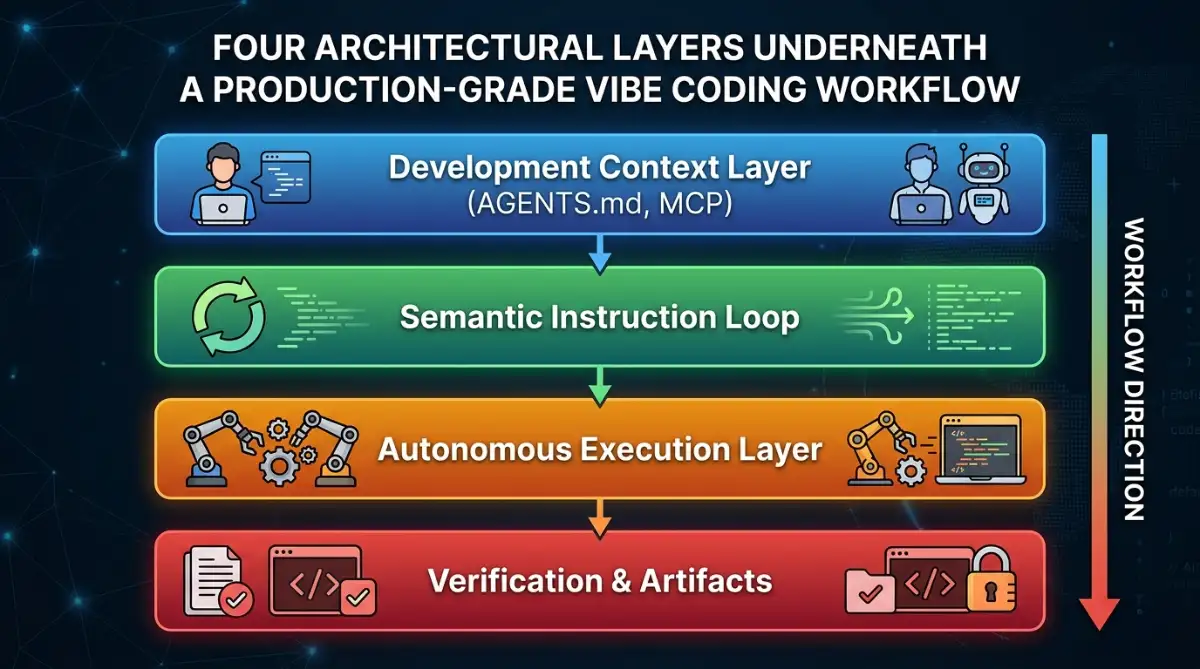 The four architectural layers underneath a production-grade vibe coding workflow