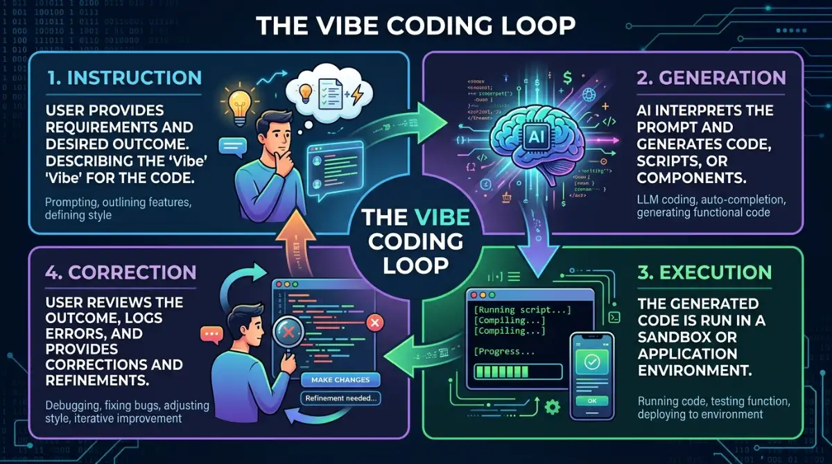 The four-phase vibe coding loop showing instruction, generation, execution, and correction