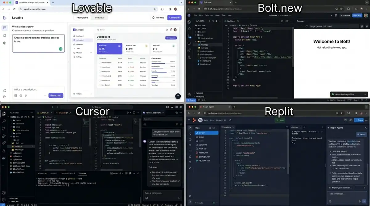 Four-platform comparison grid showing Lovable, Bolt.new, Cursor, and Replit interfaces