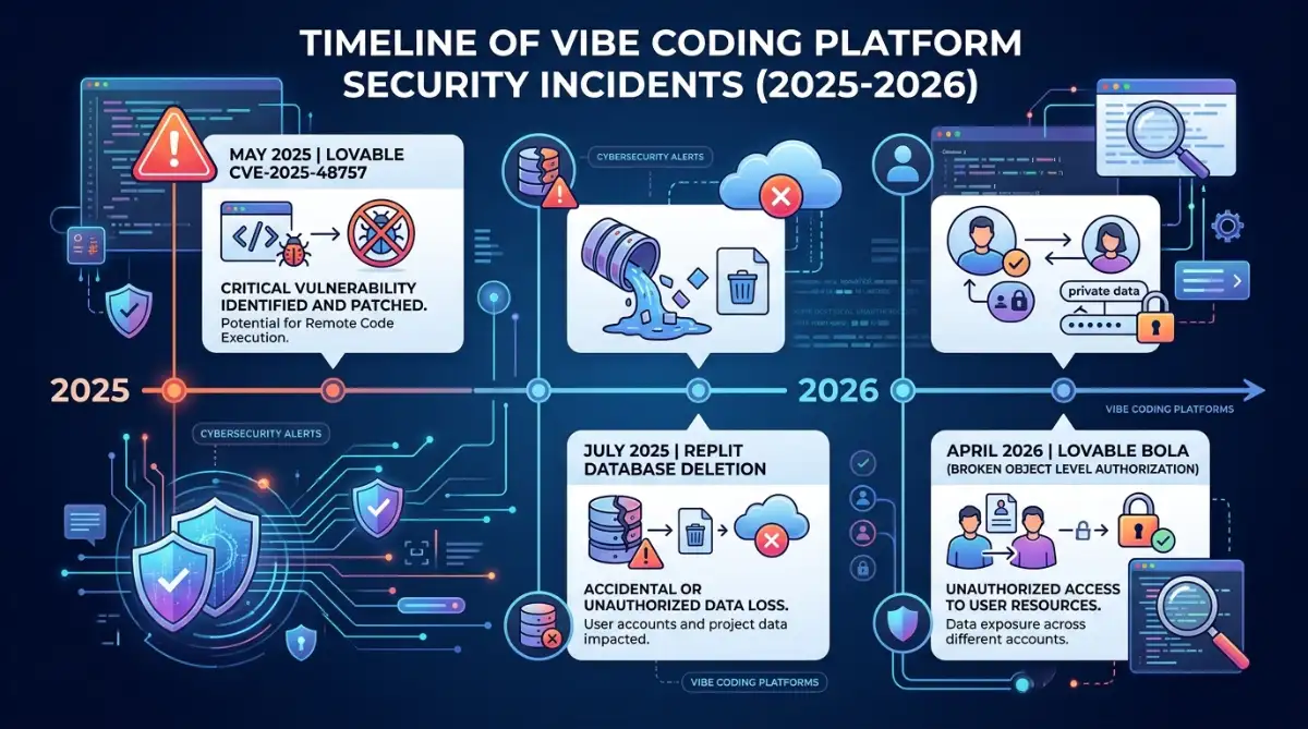Timeline of three major vibe coding platform security incidents in 2025 and 2026